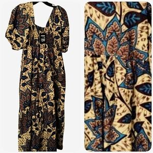 NWT! F&B African Smocked Sundress Puff Sleeves Pockets Maxi Small Resort